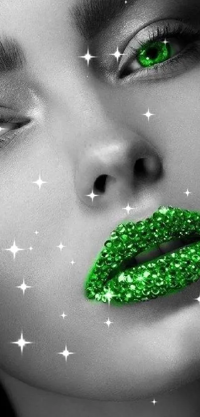 Wallpaper with striking green jeweled lips and eyes on grayscale face