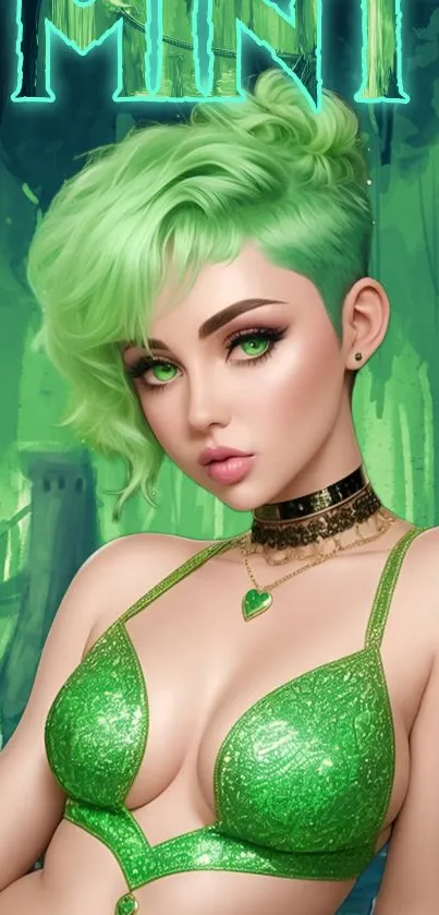 Fantasy art wallpaper with vibrant green hues and a modern, creative design.