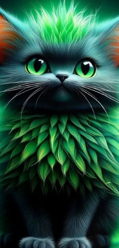 Colorful fantasy cat with glowing green fur in vibrant art style.