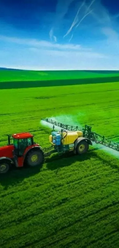 Red tractor on lush green fields under a clear blue sky.