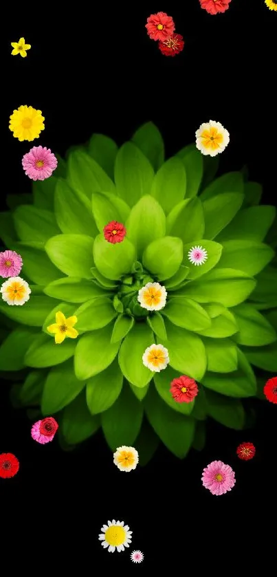 A vibrant green flower on a black background wallpaper.