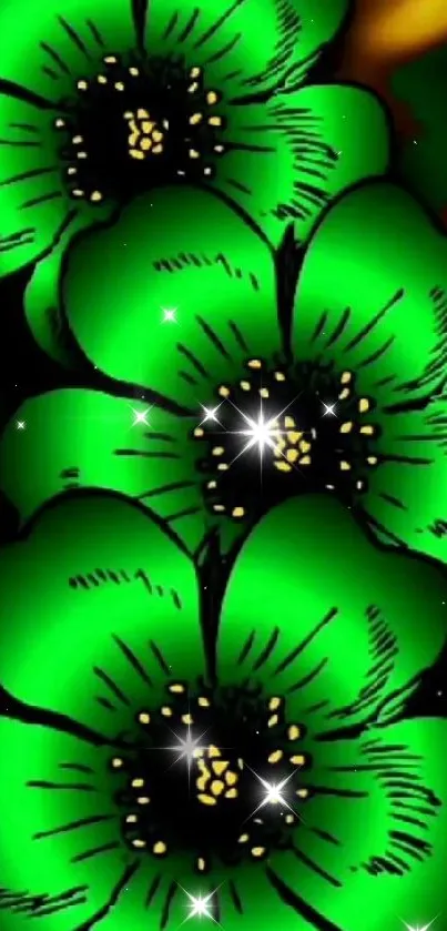 Vibrant green floral wallpaper with dark background.