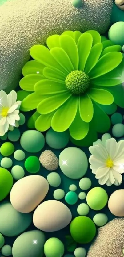 Vibrant green floral wallpaper with white accents.