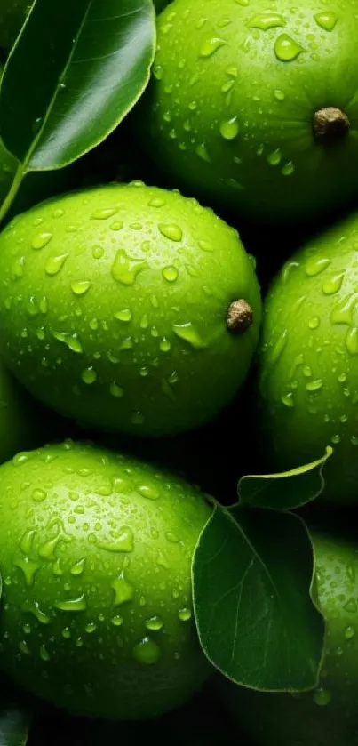 Green lemons with water droplets and leaves in a vibrant nature wallpaper.