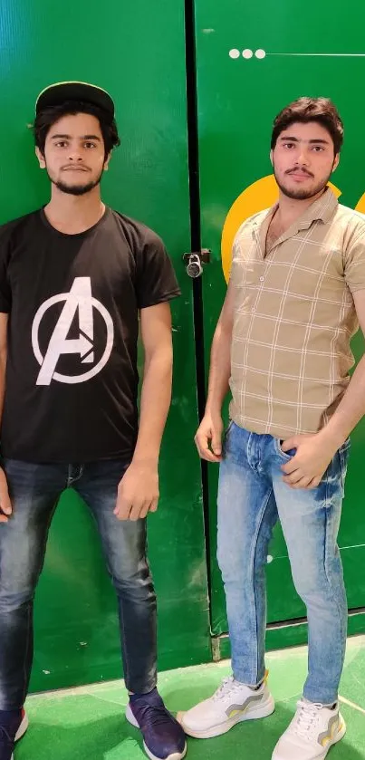 Two friends in casual attire against a vibrant green background.