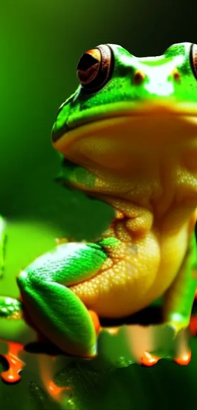 Close-up of a vibrant green tree frog perched on a leaf, set against a blurred background.