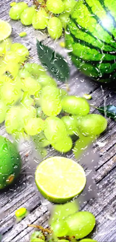 Green fruit wallpaper with grapes, limes, and a watermelon on wood.