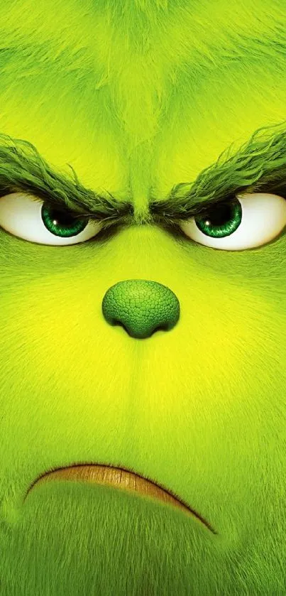 Vibrant green furry animated character with expressive features on a mobile wallpaper.