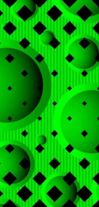 Vibrant green geometric pattern with circles and squares.