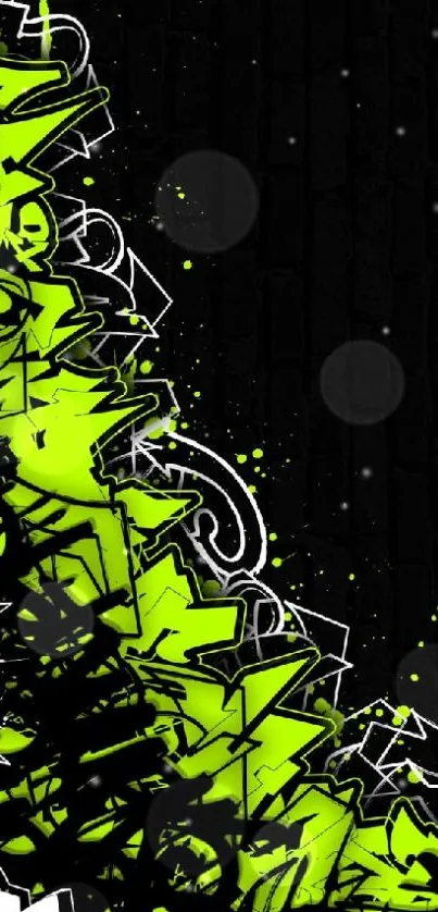 Vibrant green graffiti art with black and white elements on a phone wallpaper.