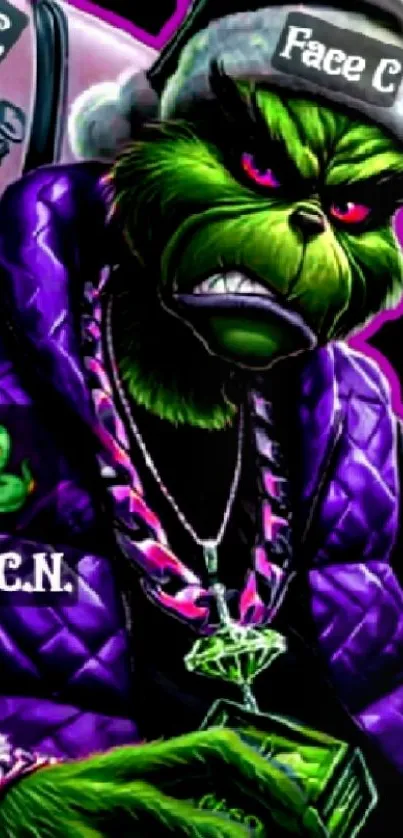 Grinch-inspired vibrant artwork with green and purple colors.