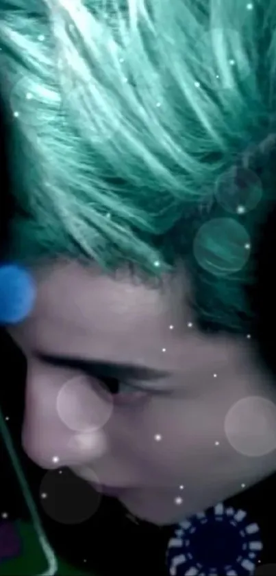 Green hair styled in modern artistic fashion on dark background.