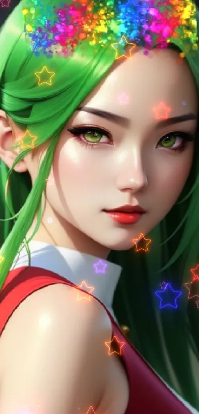 Anime girl with green hair and colorful crown in digital art style.