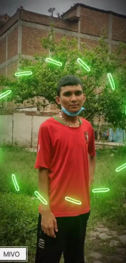 Man with green neon halo in urban setting.