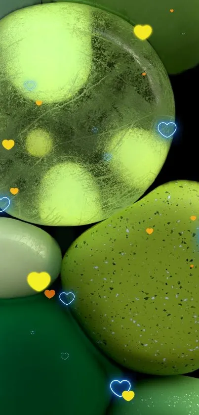 Green bubbles and hearts mobile wallpaper with a vibrant design.