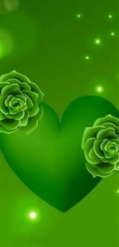 Vibrant green heart wallpaper with glowing roses and bokeh lights.