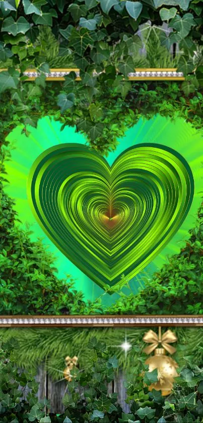 Green heart surrounded by lush foliage with vibrant colors.