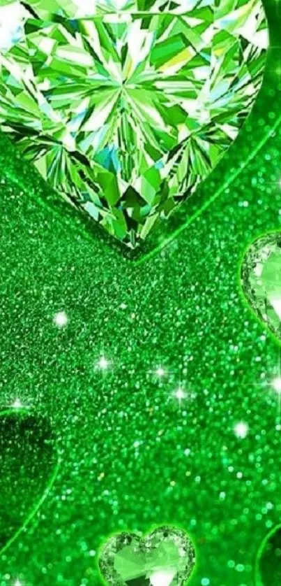 Vibrant green heart wallpaper with sparkling gem details.