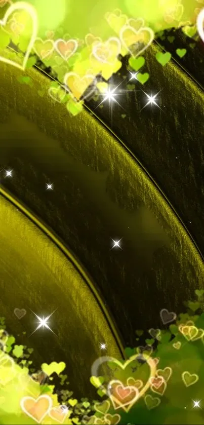 Vibrant green heart mobile wallpaper with sparkling stars.