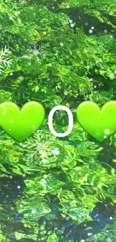 Green heart emoji wallpaper with snowflakes.