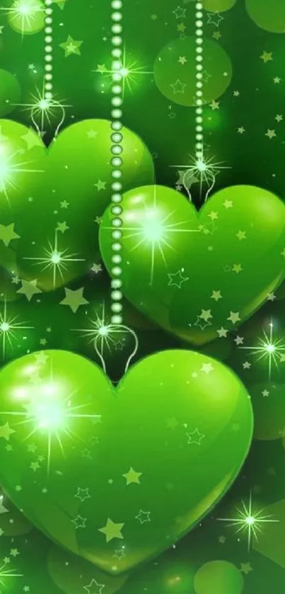 Vibrant green hearts with glowing stars on a lively background.