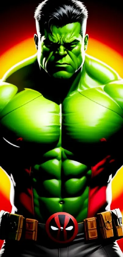 Green superhero with muscular build and vibrant background.