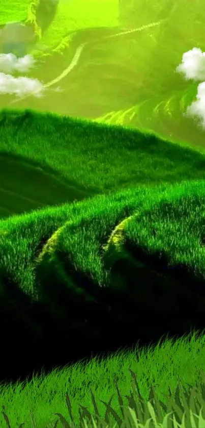 Vibrant green hills with clouds and lush meadows on phone wallpaper.