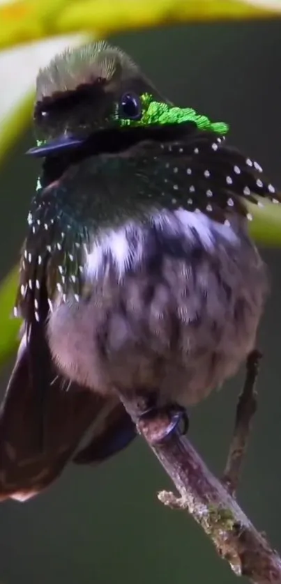 Close-up of a vibrant green hummingbird perched on a branch with a blurred background.