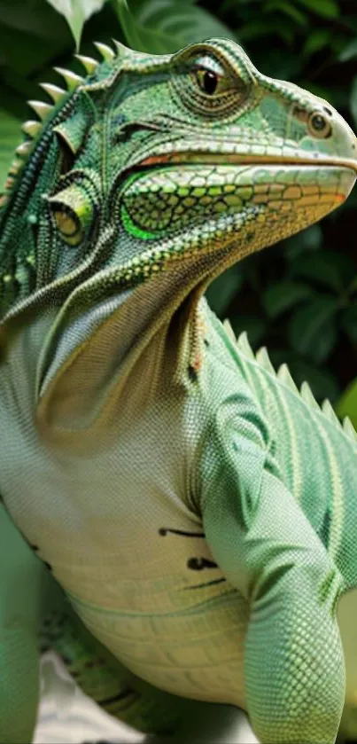 Close-up of a green iguana with a leafy background.