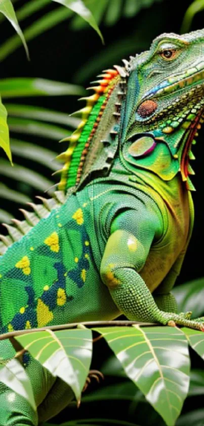 Vibrant green iguana on jungle leaves.