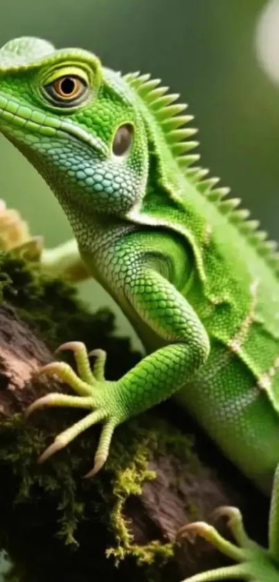 Close-up of vibrant green iguana on tree branch.