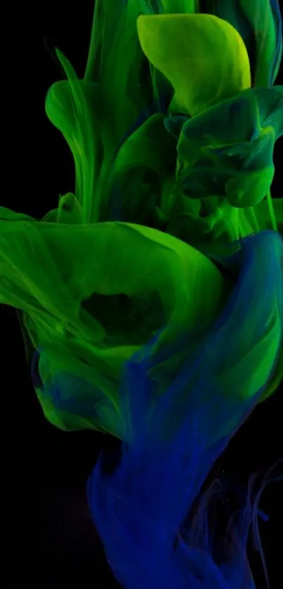 Vibrant green and blue ink swirl on black background.