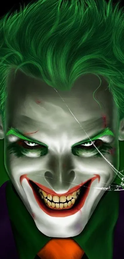 Vibrant Joker illustration with green tones on a mobile screen.