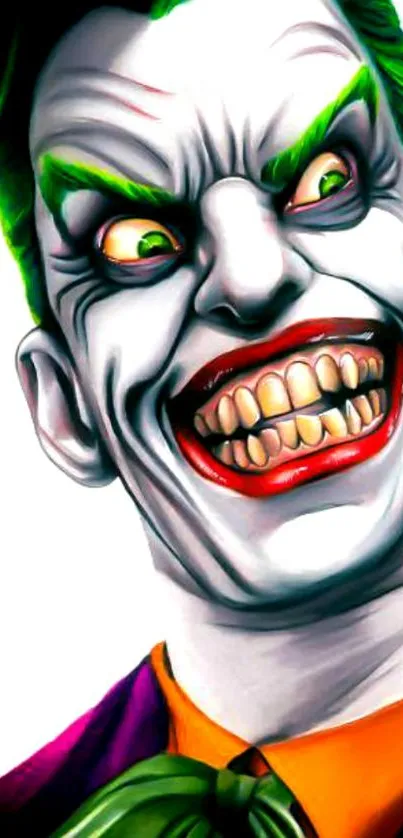 Joker with green hair and a menacing grin.