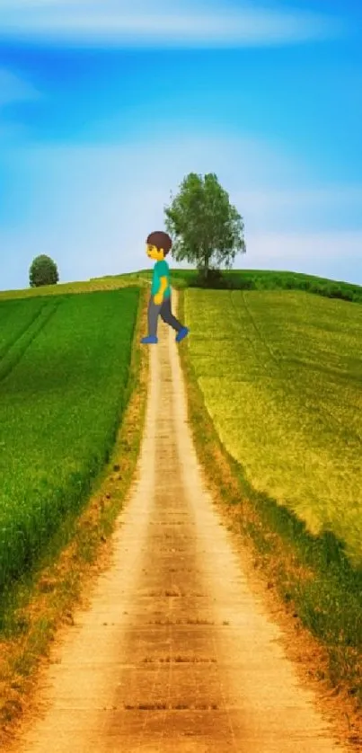 Vivid landscape wallpaper with green path and blue sky.