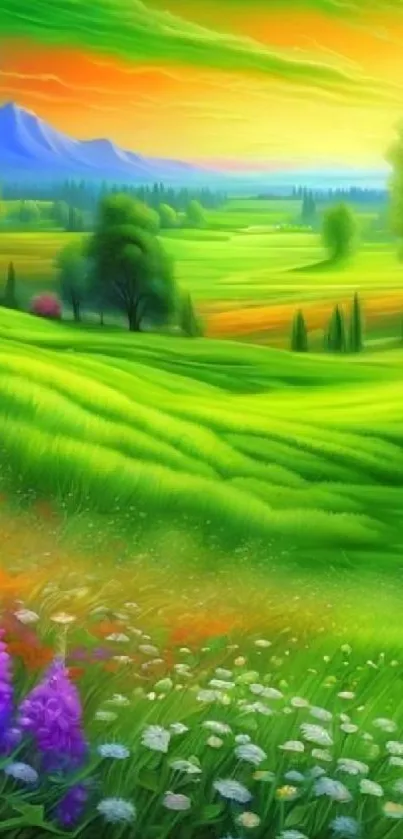 Vibrant spring landscape with lush green fields and colorful flowers.
