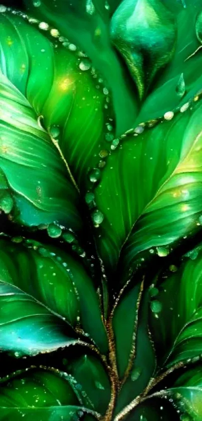 Vibrant artistic green leaves with water droplets in a stunning mobile wallpaper.