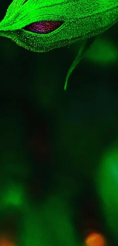 Close-up of a vivid green leaf with intricate patterns.