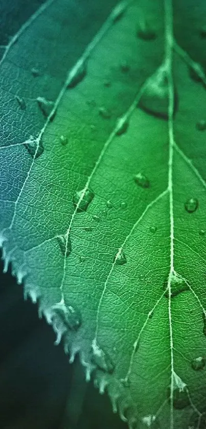 Close-up of a green leaf with dewdrops and detailed texture.