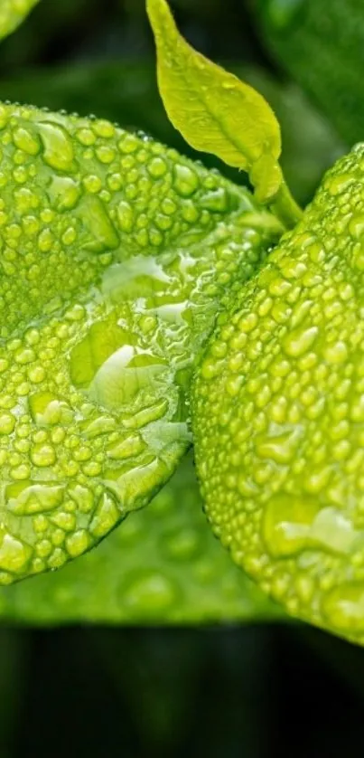 Vibrant green leaf with dewdrops mobile wallpaper.