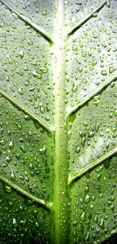 Vibrant green leaf with dew drops as mobile wallpaper.