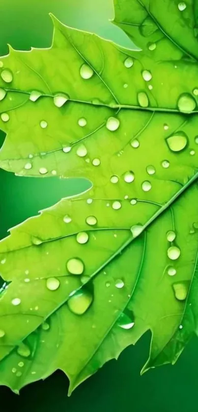 Close-up of a vibrant green leaf with water droplets on a mobile wallpaper.