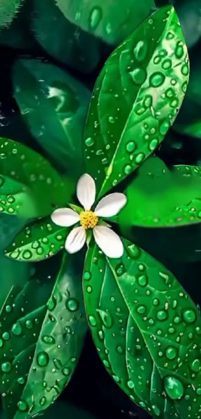 Vibrant green leaves with water droplets and white flower wallpaper.