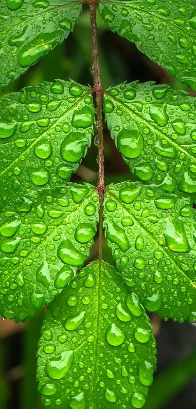 Vibrant green leaf with dew droplets, perfect for nature-themed wallpaper.