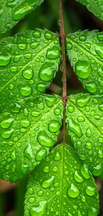 Close-up of vibrant green leaves with water droplets for phone wallpaper.