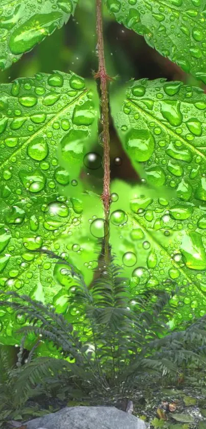 Close-up of green leaves with raindrops for a refreshing wallpaper.