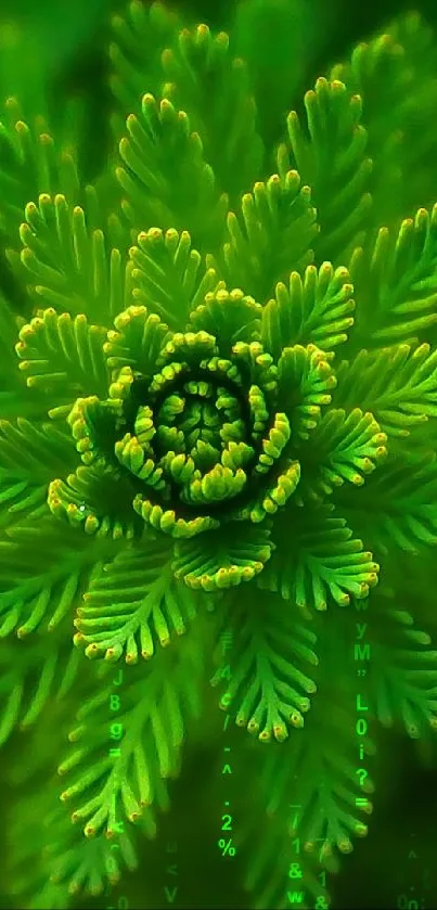 Close-up of a vibrant green leaf pattern on a mobile wallpaper.
