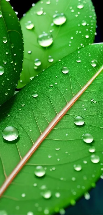 Close-up of green leaves with dewdrops, perfect for a nature-themed wallpaper.