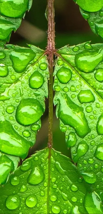 Close-up of a vibrant green leaf with dew drops on a mobile wallpaper.