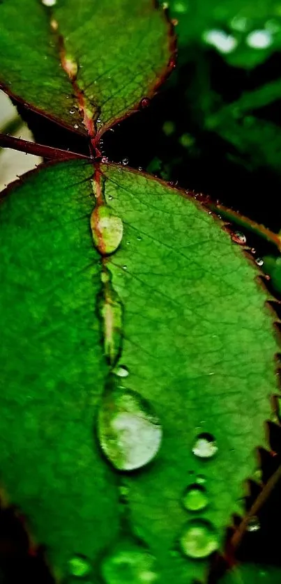 Close-up of green leaves with raindrops on mobile wallpaper background.